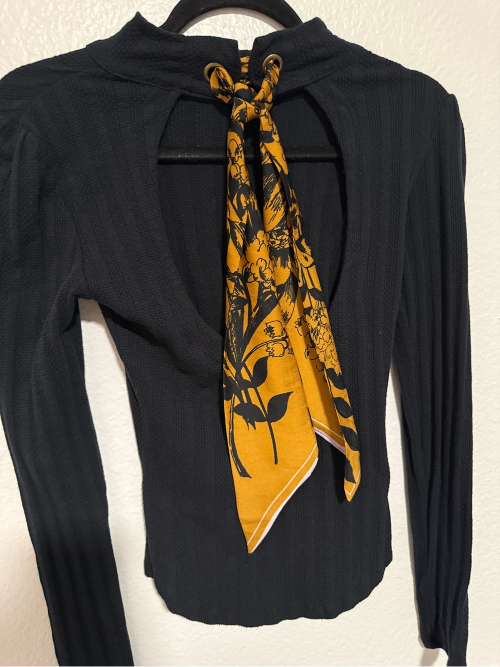 Free People Black Ribbed Long-Sleeve Top with Mustard Floral Scarf